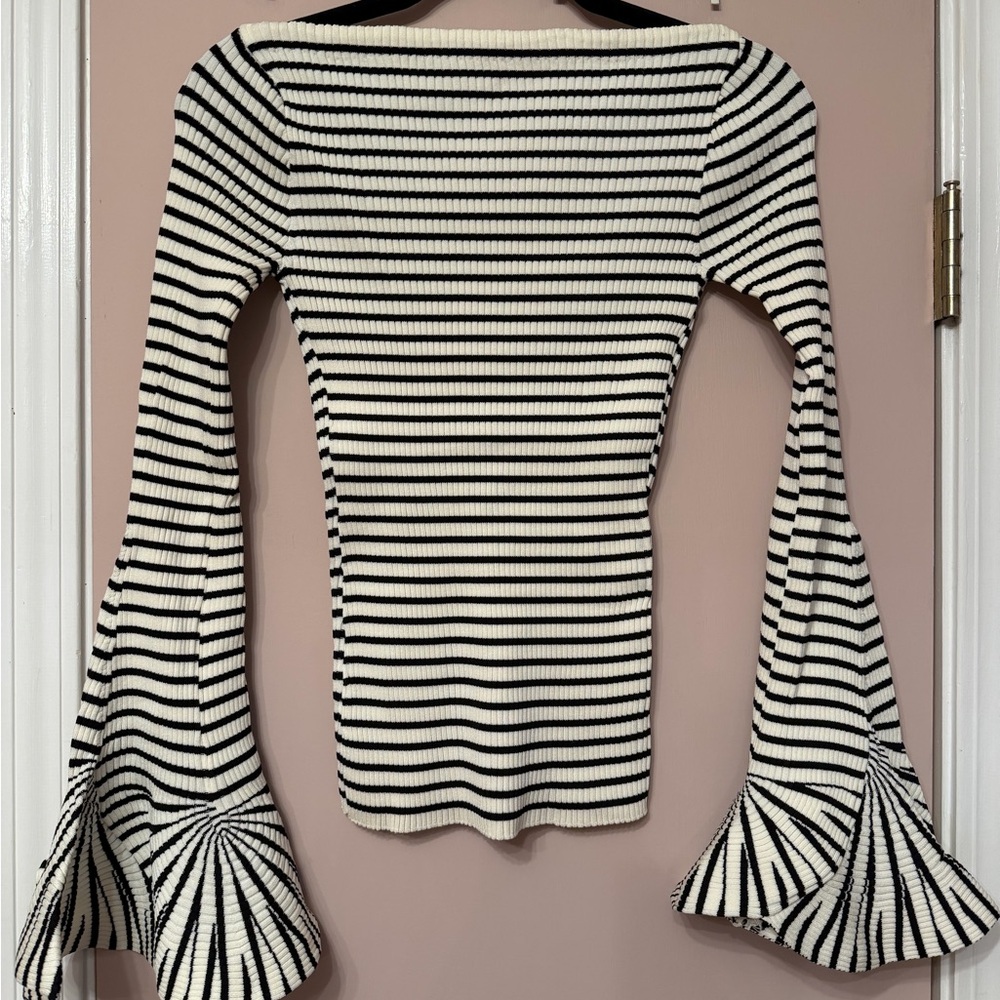 Striped Off-Shoulder Top with Flared Sleeves